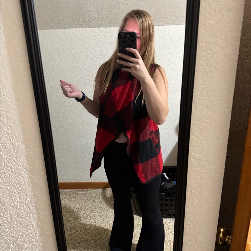 Red and Black Plaid Sleeveless Vest